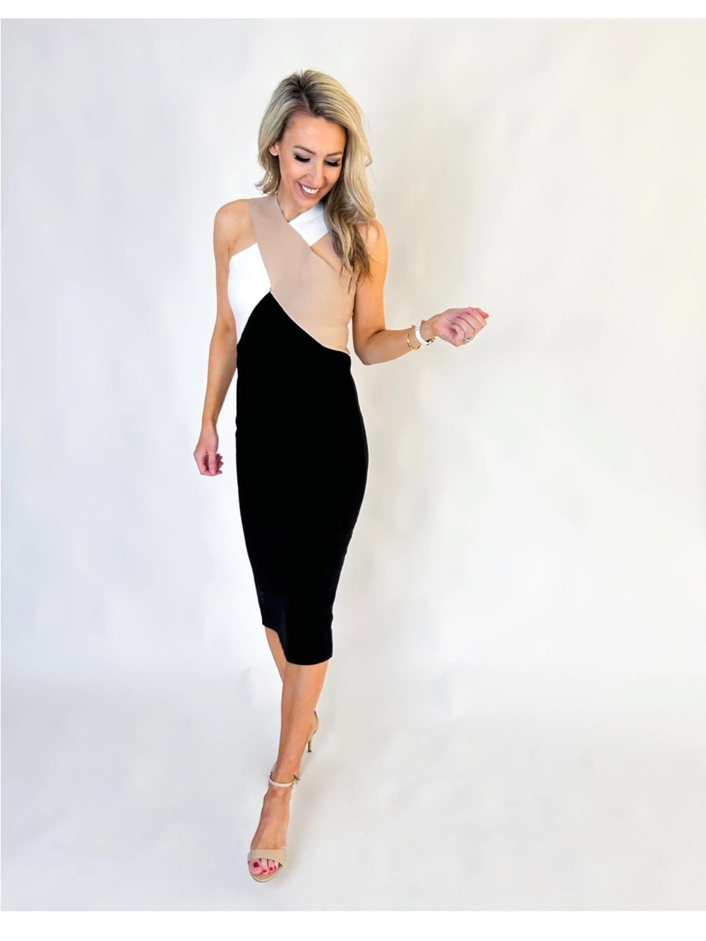 Fate Colorblock Sleeveless Midi Dress in Black, Beige & White